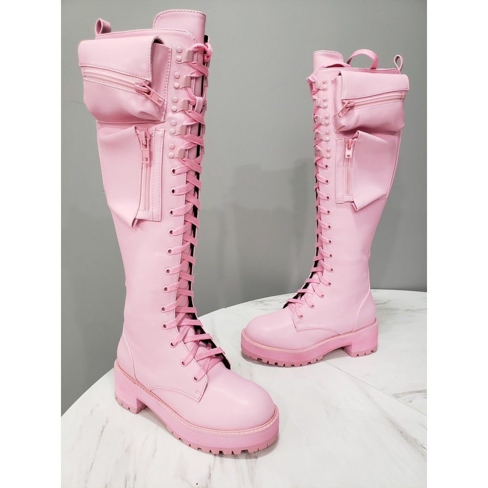 SIZE 7 Dollskill Sugar Thrillz Bubblegum Obsidian Pocket Pink Combat BootS‎ PUNK
